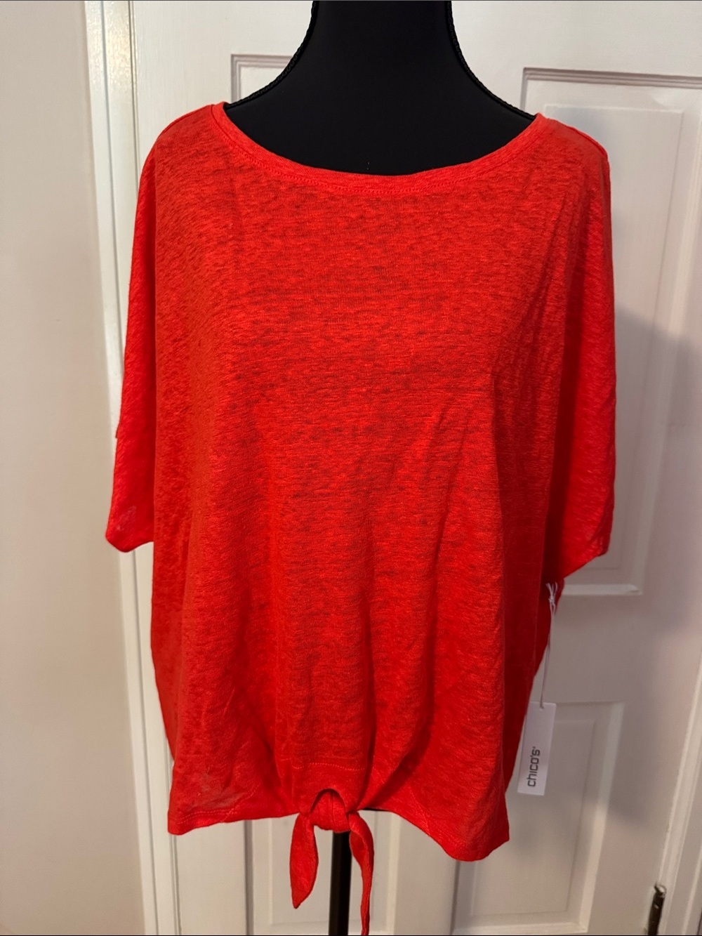 Chico's NWT Linen Easy Tie Front Tee Flame Scarlet Color Boxy Summer Size 12
